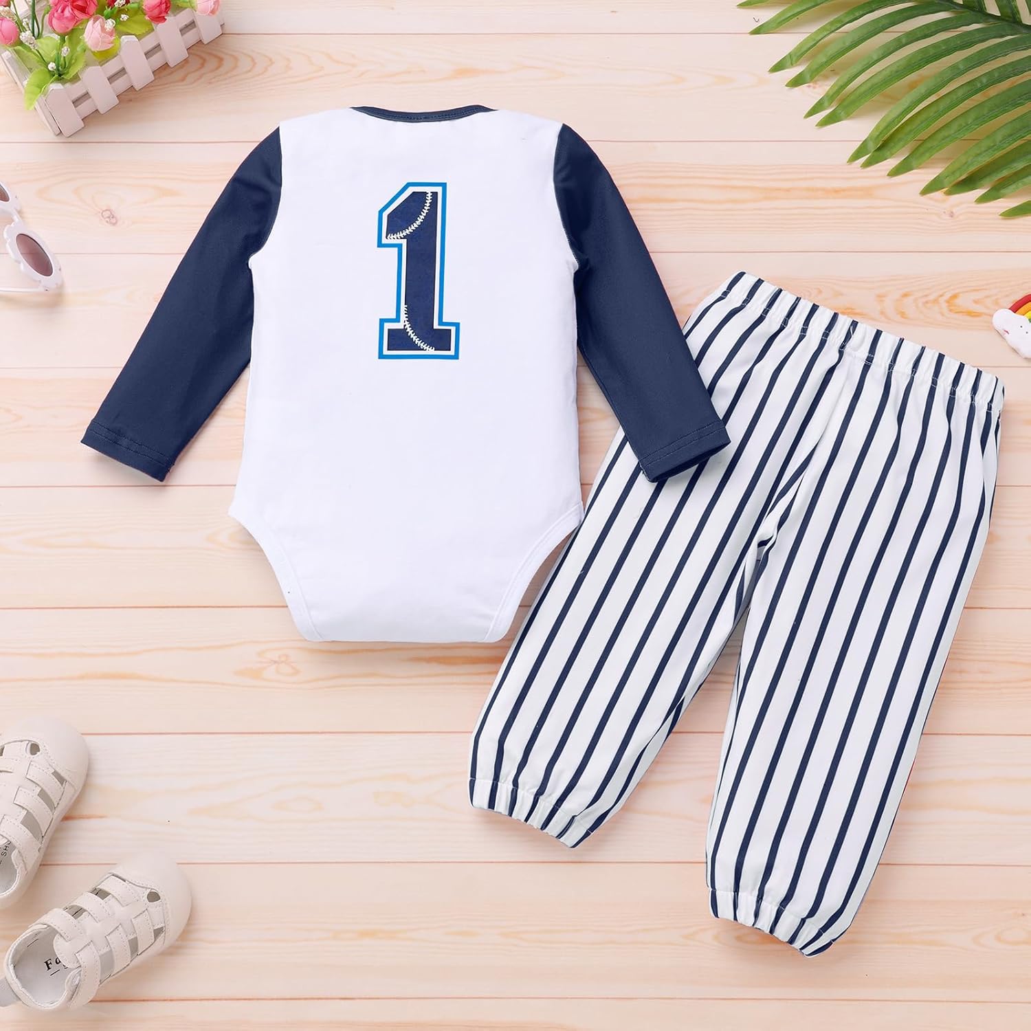 ODOLDI Toddles Baby Boys 1st Birthday Outfits Long Sleeve Romper Onesieand Striped Pants 2 Pieces Outfits - Image 2