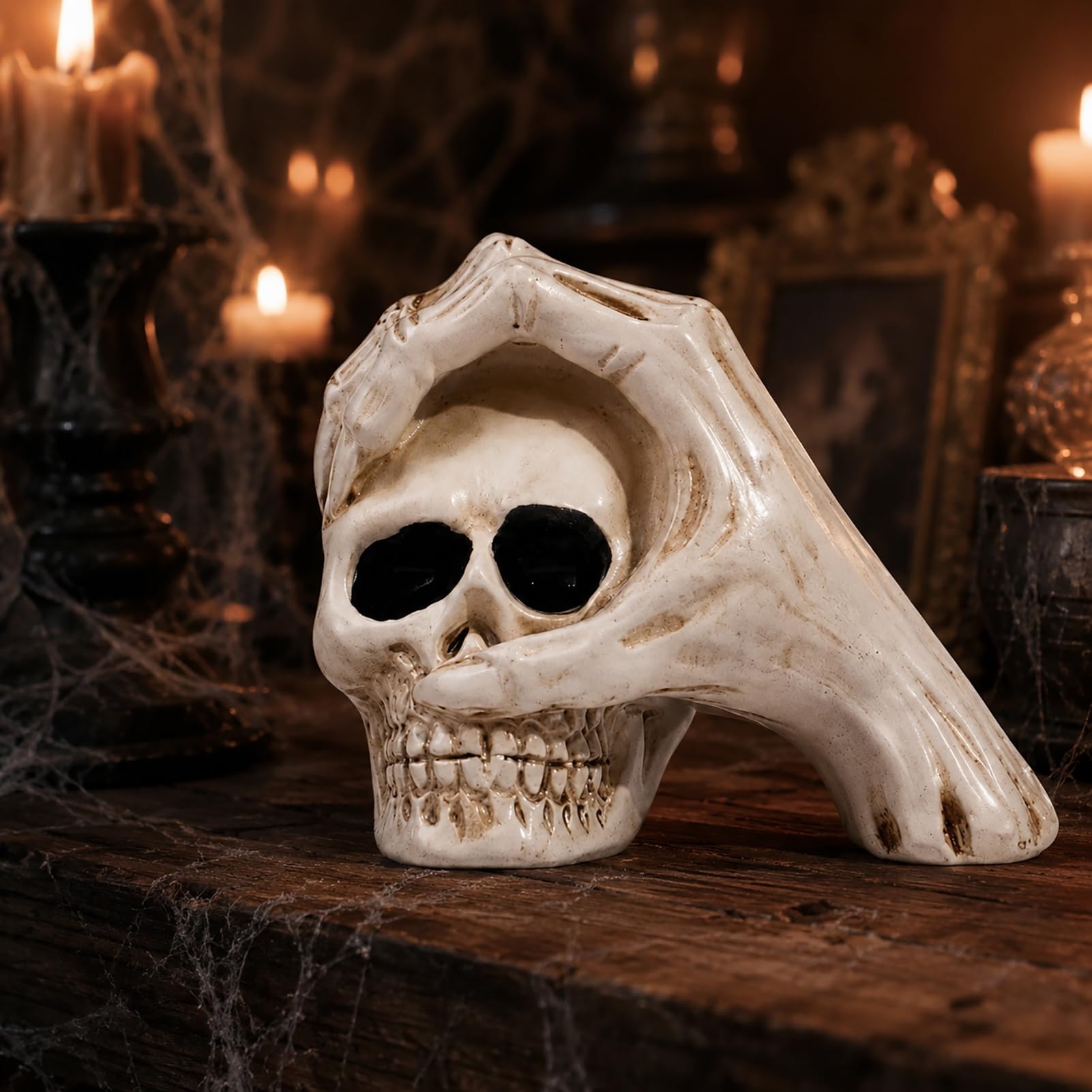 Quoravel Halloween Skull Hand Sculpture, Gothic Skeleton Head Figurine, Spooky Resin Skull Decoration for Bedroom Living Room Home Party Decor White