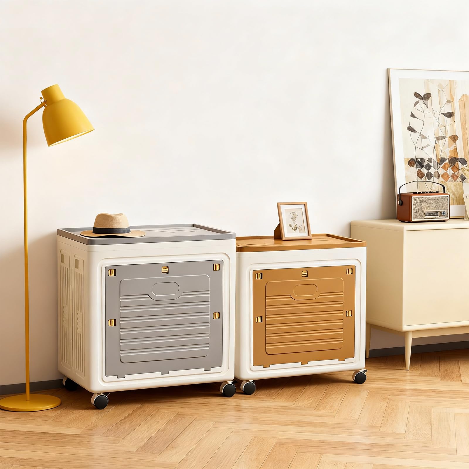 Aufbewahrungsbox mit Deckel Groß, 95L Plastik Ordnungsboxen Kleiderschrank, Stapelbare Kunststoffschrank, Faltbare Aufbewahrungsschrank mit Rollen für Heimspeicher, Büro, 48 x 36 x 56cm, Kaffee