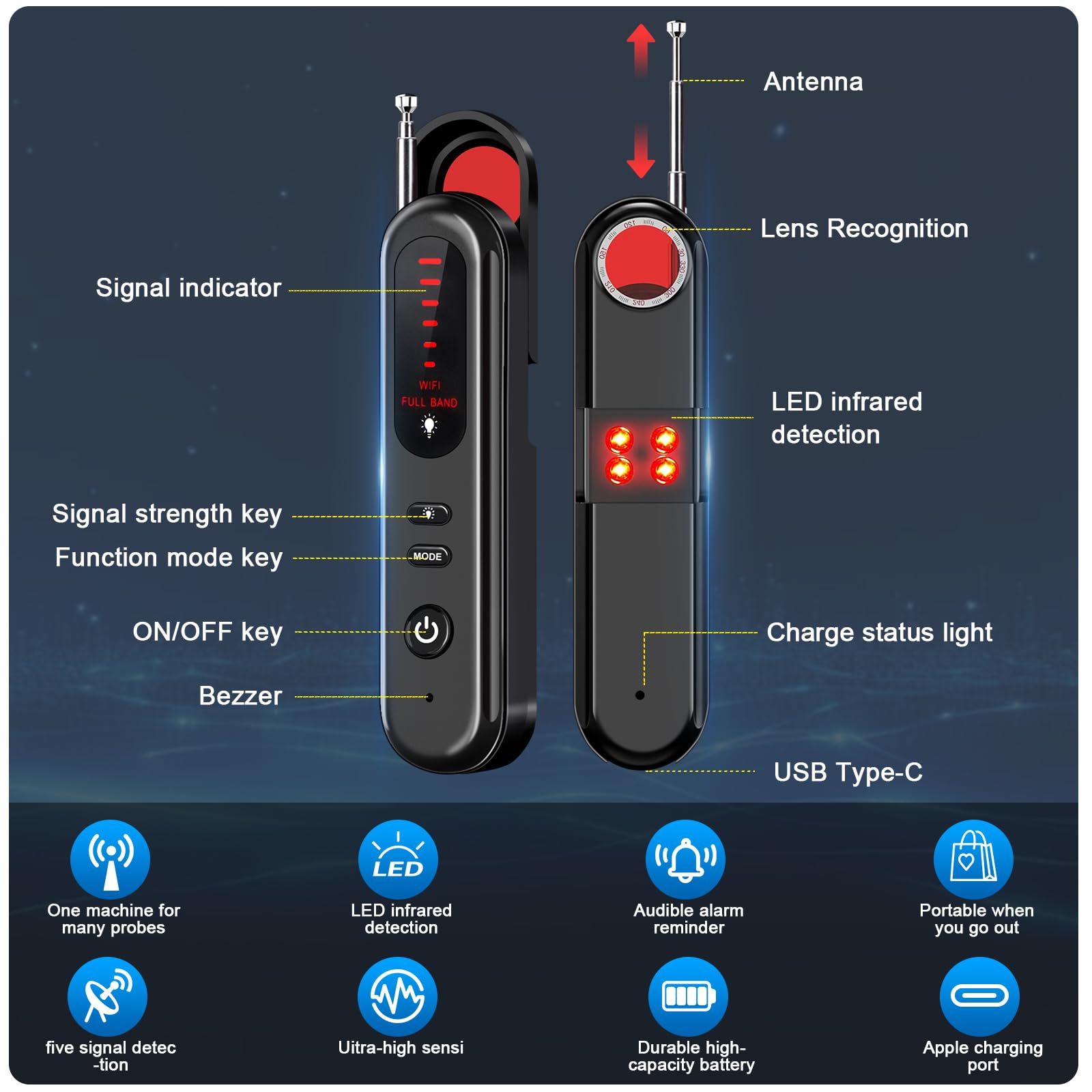 Detector de cámara oculta - Buscador de cámara portátil 2025, detector de rastreador GPS, escáner de señal inalámbrico RF para oficina, hoteles, automóviles, sensibilidad de 5 niveles (negro 4