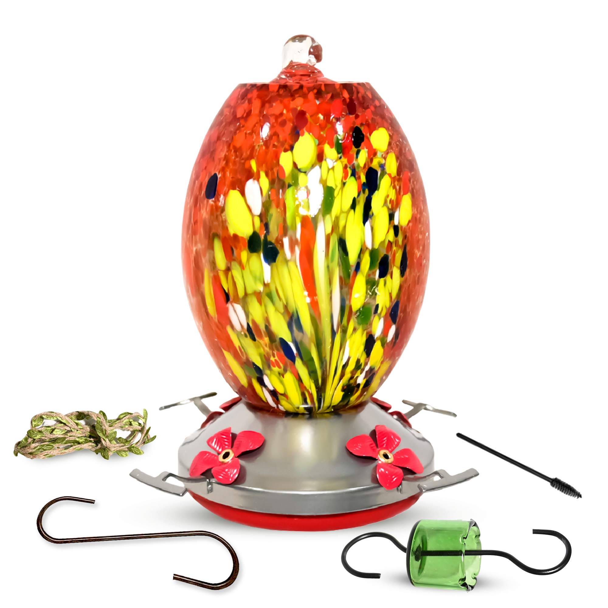 GEMDRUZY Hummingbird Feeder - HQ Blown Glass - High Capacity Nectar - Vibrant Colors Attract Hummingbirds - Free Mounting Kit (Volc