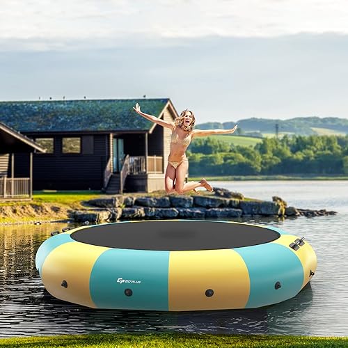 Goplus Trampolín inflable de agua, 10 pies12 pies15 pies con inflador eléctrico, escalera de cuerda, cuerdas de amarre, ancla, plataforma de