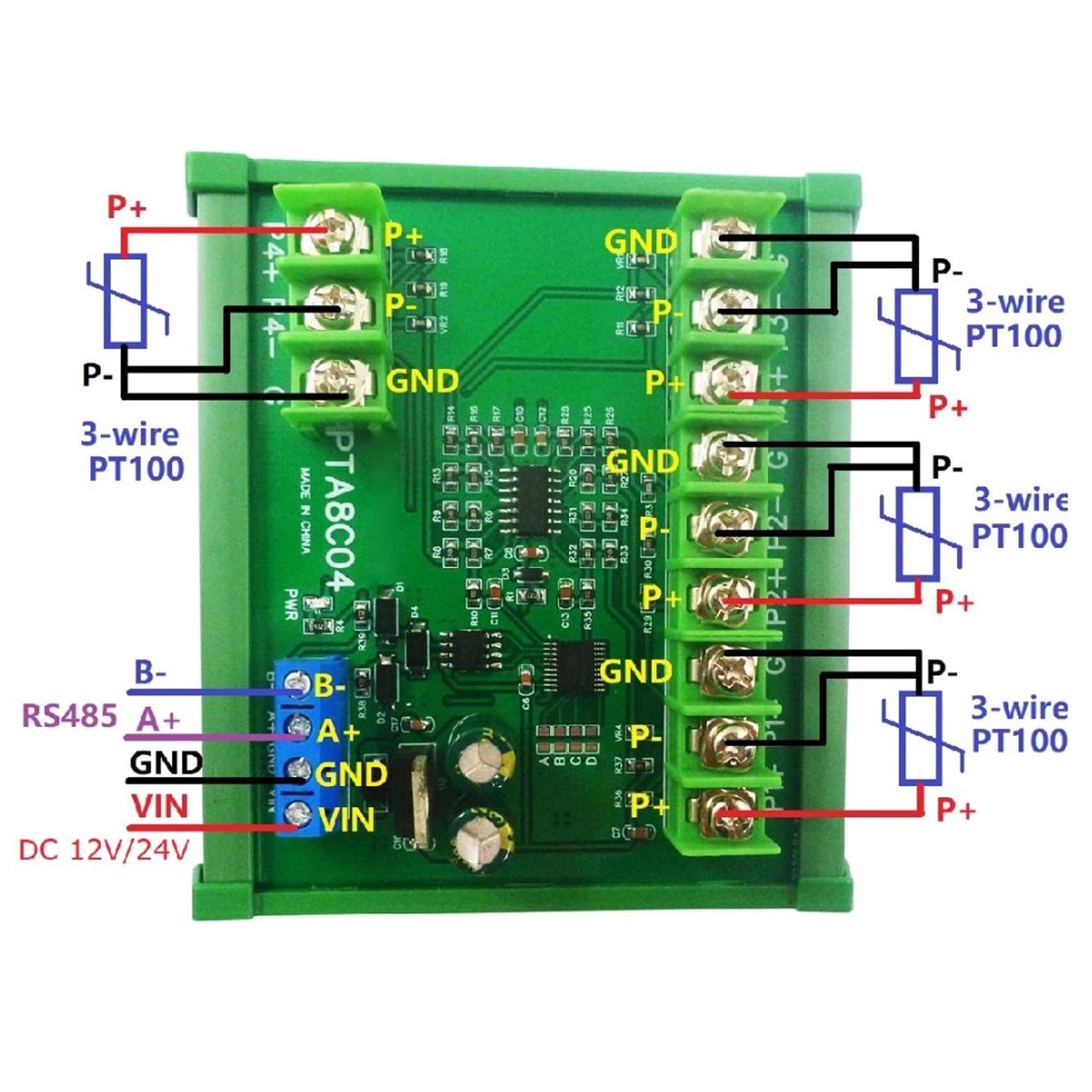 PT100 Capteur de Température RTD 4 Canaux Haute Précision Module Acquisition Stable Modbus RTU 24 bits -200℃ à 650℃ pour Automatisation Industrielle avec Rail DIN DC24V