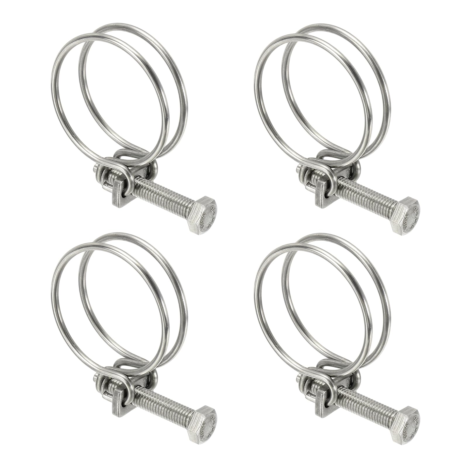 sourcing map 4 Pcs Double Wire Hose Clips 45-50 mm 304 Stainless Steel Adjustable Wire Pipe Tube Clamps with M8 Screw Plumbing Joint Fastener for Dust Collection Pool Pond, Silver