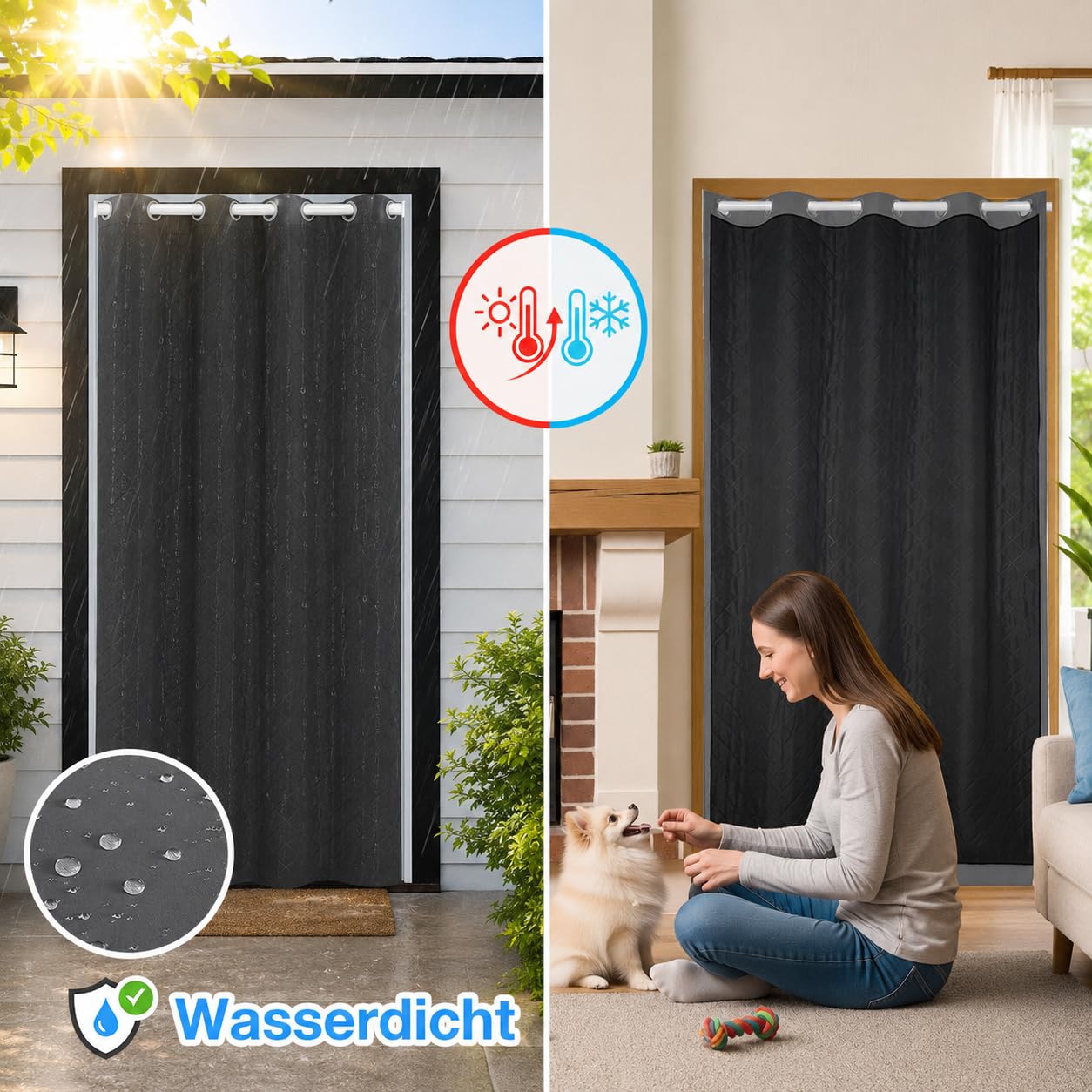 Thermovorhang Kälteschutz Türvorhang Wasserdicht, 1 Stück Mehrlagig Dicker Wärmeschutzvorhang Tür mit Ösen, Verdunklung Gegen Kälte und Hitzen für Haustür, Schlafzimmer(Grau, B110xH203cm)