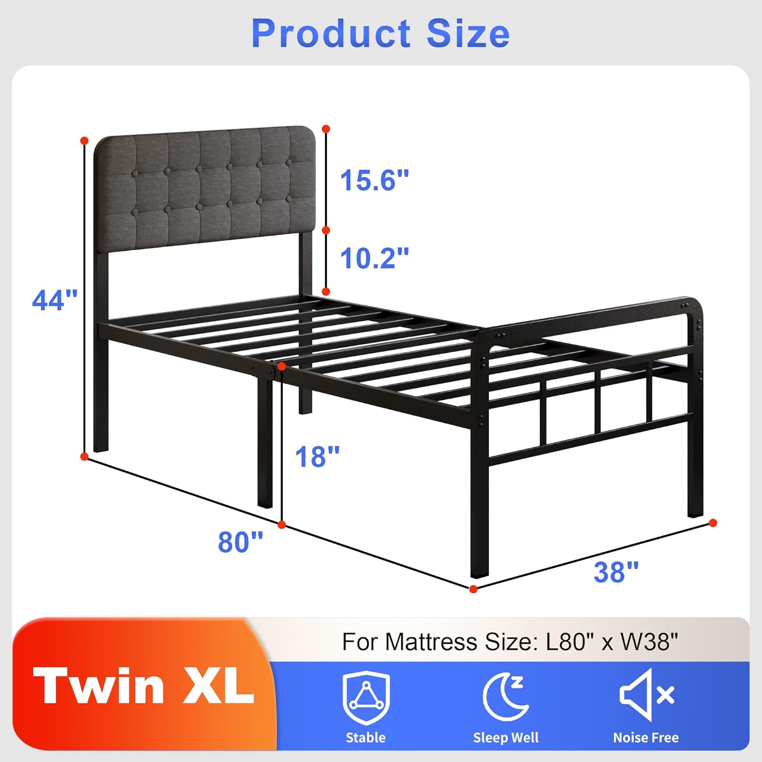 18 Inch Twin XL Bed Frame with Upholstered Headboard and Footboard, Heavy Duty Metal Slats, with Under Bed Storage, No Noise, No Box Spring Needed, Easy Assembly, Black