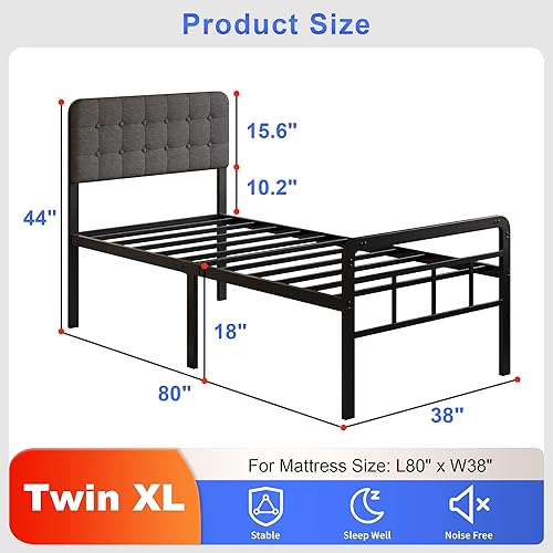 Miniatura 2 de Base de cama individual XL de 18 pulgadas con cabecero tapizado y estribo, listones de metal resistente, con almacenamiento debajo de la cama, sin
