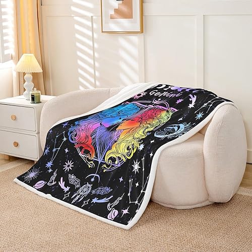 Miniatura 3 de Manfei Manta Géminis con 12 constelaciones, manta de cama del zodiaco para niños y niñas, decoración de habitación de galaxia, sol, luna y estrella,