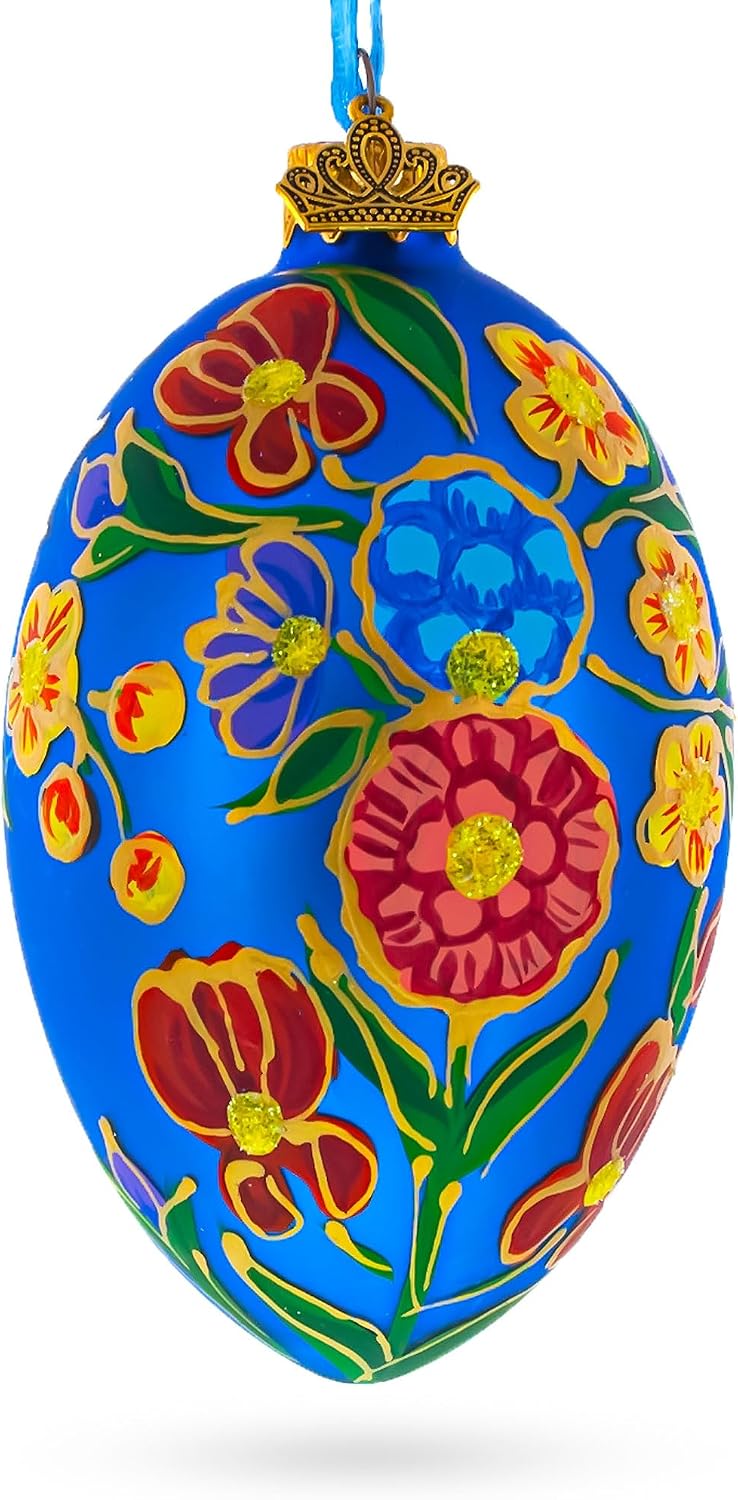 Colorful Flowers on Blue Glass Egg Ornament 4 Inches