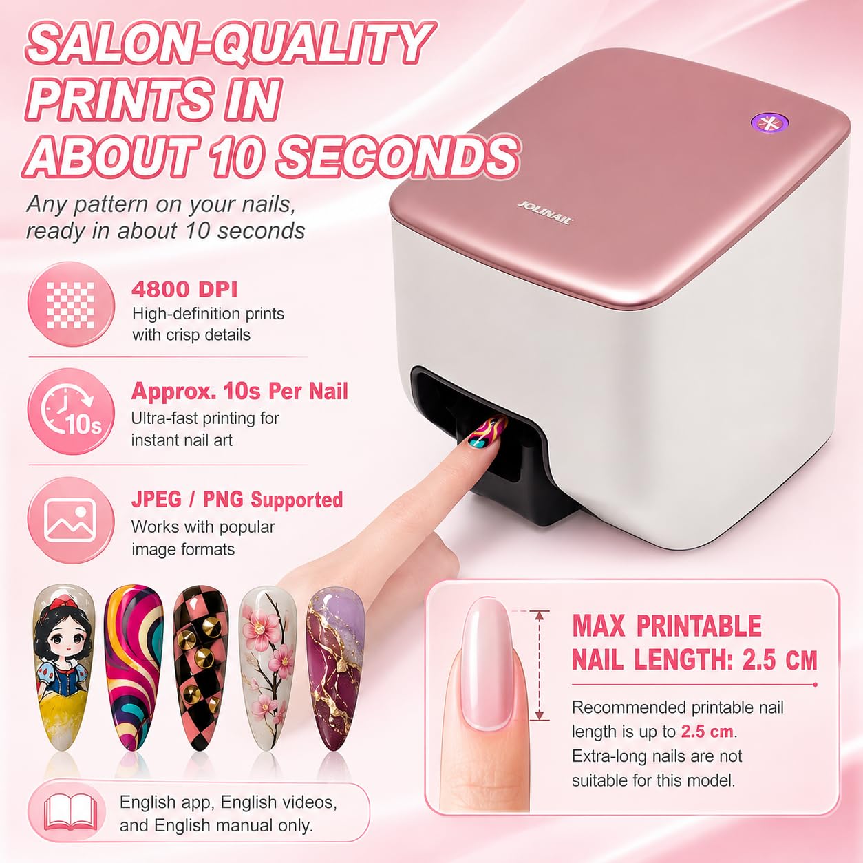 Impresora de Uñas Portátil, Máquina de Arte de Uñas Profesional Calidad Salón, Reconocimiento Inteligente, 4800 DPI, Impresión Rápida 10s, para Hogar, Viajes y Salón, Crea Tus Propios Diseños