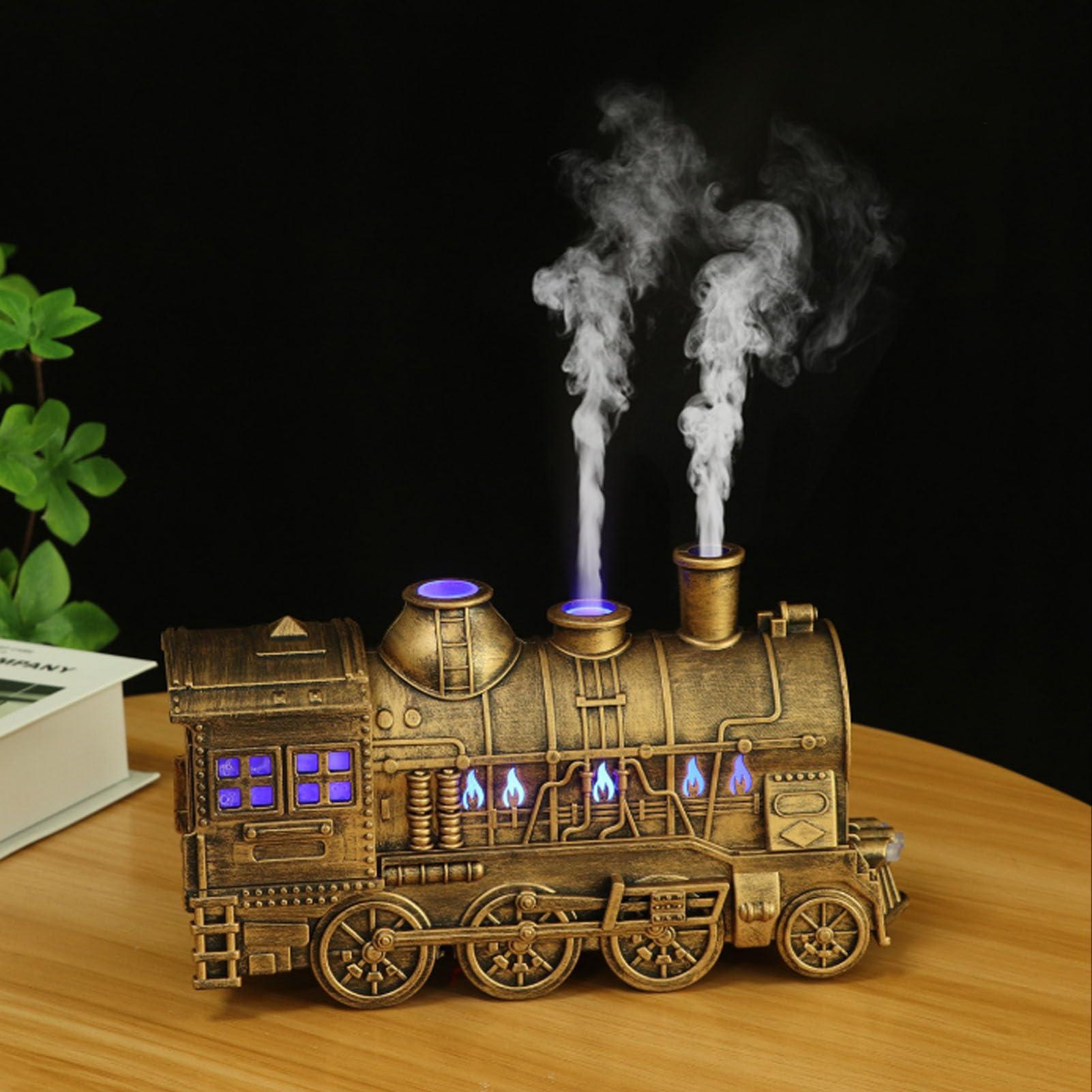 Luftbefeuchter Zug, 300ml Oil Diffuser Kaltnebel Therapie Luft Diffusor mit Doppelsprühauslass Automatische Abschaltung, Flammeneffekt (goldene mit Fernbedienung)