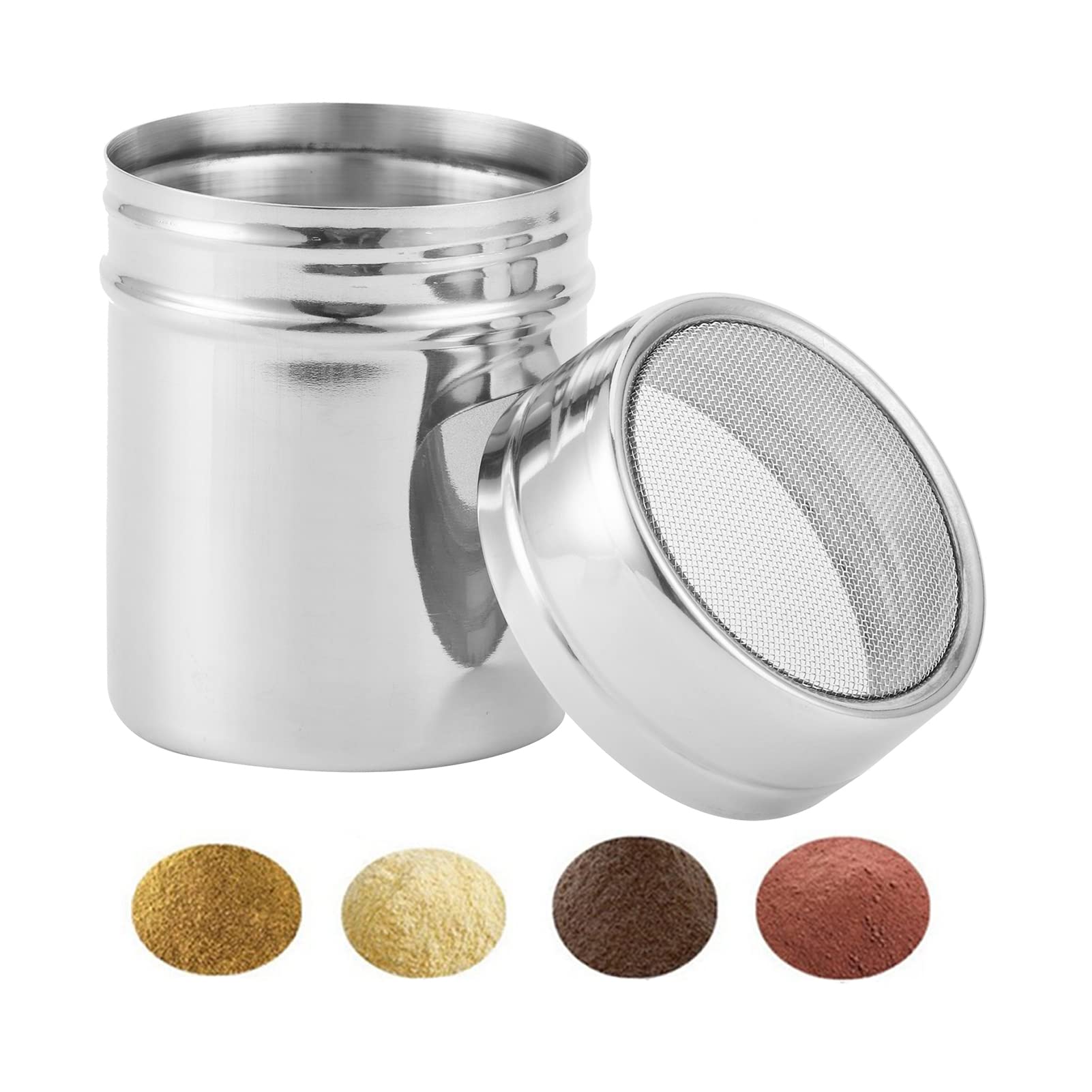 Stainless Steel Powder Sieve, Coffee Sugar Flour Jar Flavored Frosting Storage Container Shaker with Fine Mesh Lid Suitable for Home Kitchen Dining Room(L)