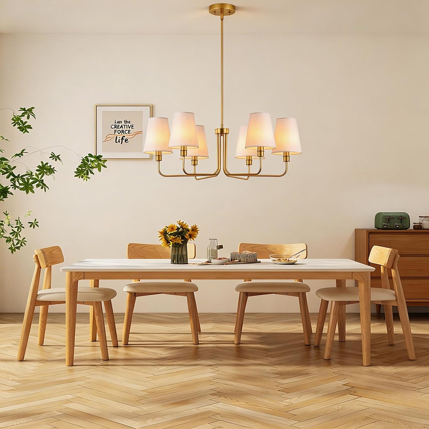 35.4in Gold Chandelier with Linen Fabric Shade 6-Light Modern Farmhouse Chandeliers for Dining Room Classic Island Lighting Adjustable Height Pendant Light for Dining Table Bedroom, E12