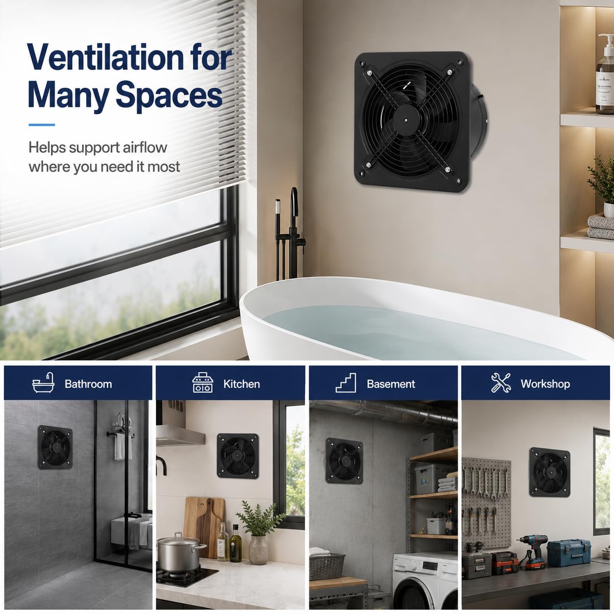 Ventilador extractor de 300 mm, 2600 rpm, 2850 m³/h, ventilador de pared, ventana, para cocina, baño, garaje, color negro