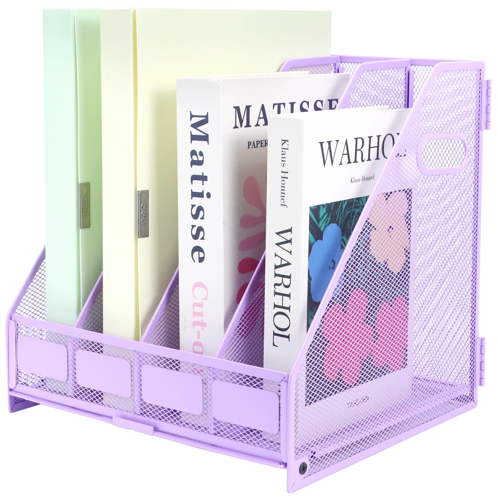 TSDRBWO Desk Organizers Metal Magazine File Holder Racks Desktop Folder Storage Binder Organiser Document Organization for Home Office & Classroom,4 Vertical Compartments-Purple