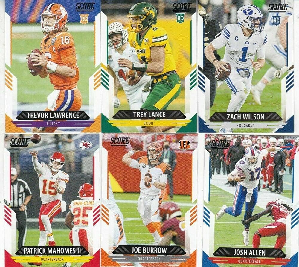 2021 Score NFL Football Complete Hand Collated Set of 400 Cards in Raw (NM or Better) Condition - Includes 100 Rookies. Players included in this set are Patrick Mahomes II Josh Allen Tom Brady (2 cards) Tyreek Hill and rookies of Trevor Lawrence Justin Fields Zach Wilson Trey Lance Mac Jones Kyle Trask Najee Harris Travis Etienne Kyle Pitts Pat Freiermuth DeVonta Smith Ja'Marr Chase Jaylen Waddle Patrick Surtain II Kwity Paye Micha Parsons