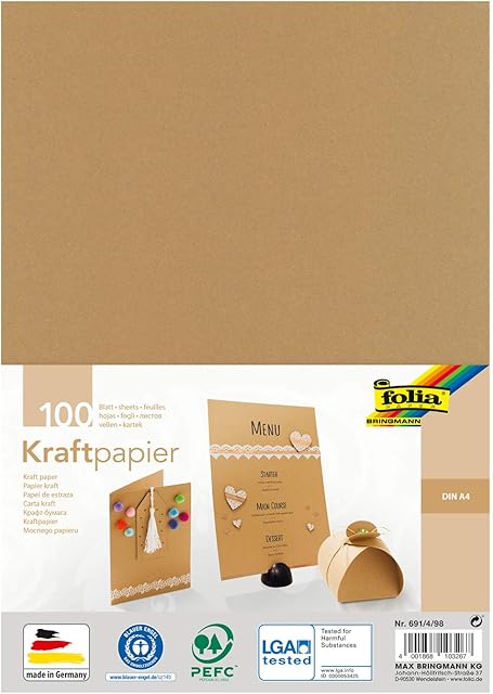 folia 691/4/98  Kraft Paper Natural, 120 g/m², DIN A4, 100 Sheets, for Individual Crafting and Designing of Greeting Cards, Invitations, Place Cards, etc.