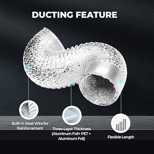 Miniatura 7 de iPower Ventilador en línea de 4 pulgadas 195 CFM, filtro de carbono de aire y conductos de 8 pies, kits de soplador de ventilación de circulación