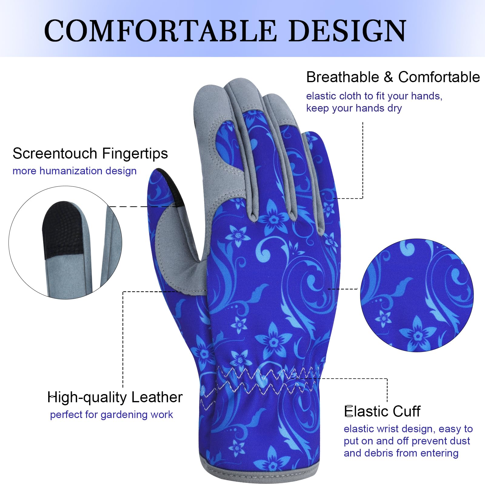 Gants de jardinage en cuir résistant pour femme - Anti-épines - Pour écran tactile - Cadeau de travail - Bleu - Taille M