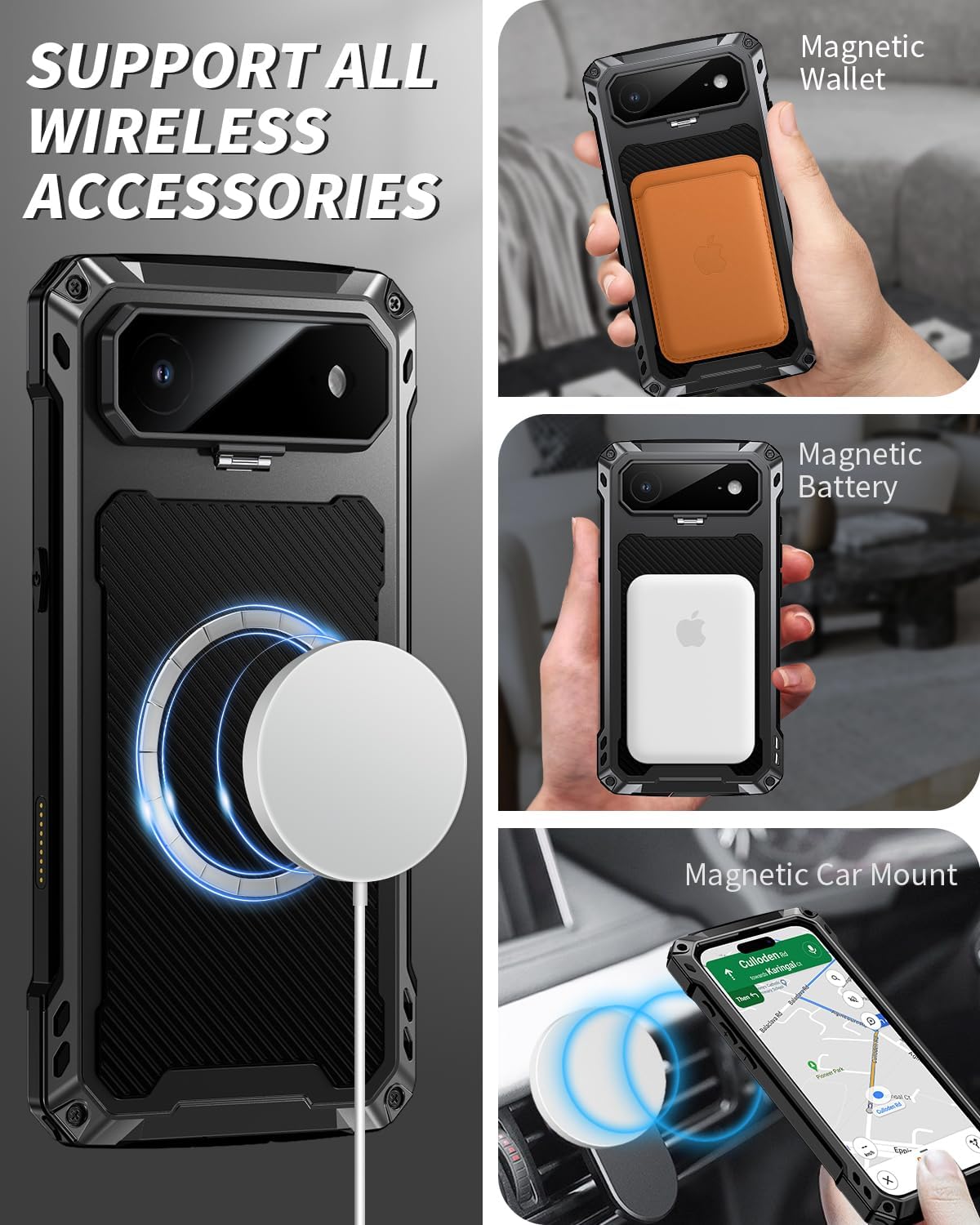 Lanhiem Magnetic for iPhone Air Metal Case, [Built-in Camera & Kickstand] Compatible with MagSafe, Heavy Duty Rugged Full Body Military Protective Cover with 9H Glass Screen Protector, 6.5", Black