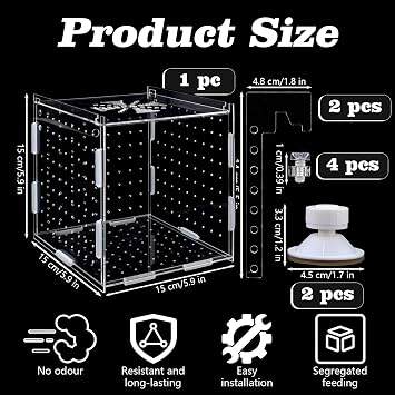 Acrylic Fish breeding Box, Transparent Fish Isolation Box, Fish Separation Box for Aquarium, Hatchery Incubator with Suction for Shrimp Guppy Clownfish Small Fishes (15x 15 x 15CM)