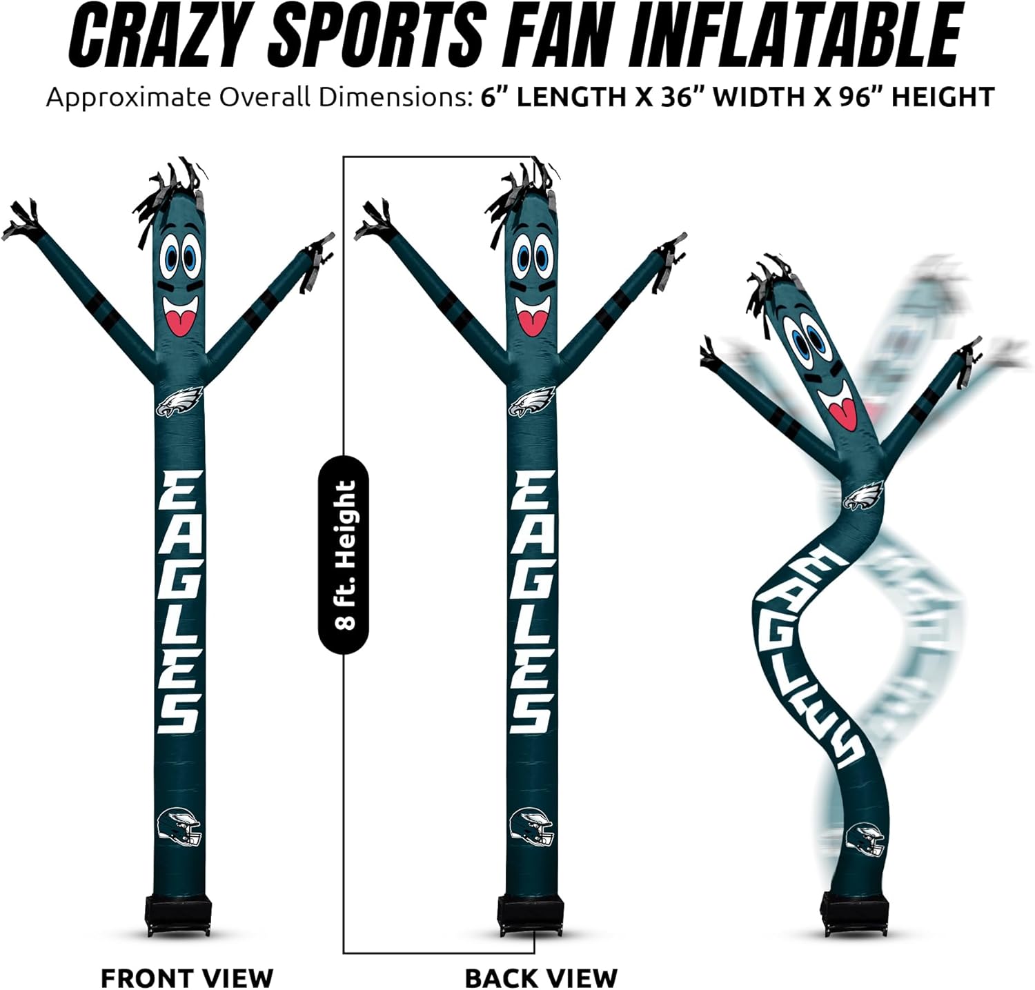 Football Philadelphia Eagles Wacky Waving Inflatable Tube Guy with LED Lights & Built-in Blower - 6" x 36" x 96" NFL Inflatable Tube Man Crazy Sports Fan Outdoor Party Decoration image 8 of 8 B0CZPGVLLJ