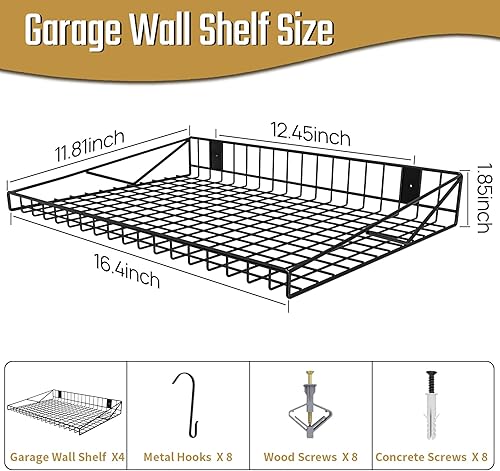 Miniatura 2 de Paquete de 4 estantes de pared de garaje, estantes flotantes resistentes con 8 ganchos, cargas de 180 libras, estantes de pared negros de malla para