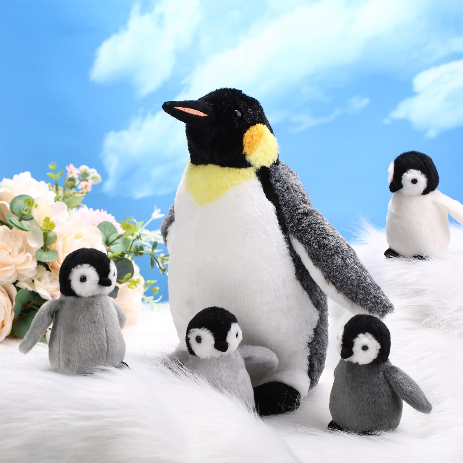 Pingouin en Peluche Douce 1 Maman Pingouin avec 4 Bébés Pingouins dans Son Ventre 35 cm Doudou Pingouin Câline Jouet d'animal pour Enfants Saint-Valentin(Longue Bouche)