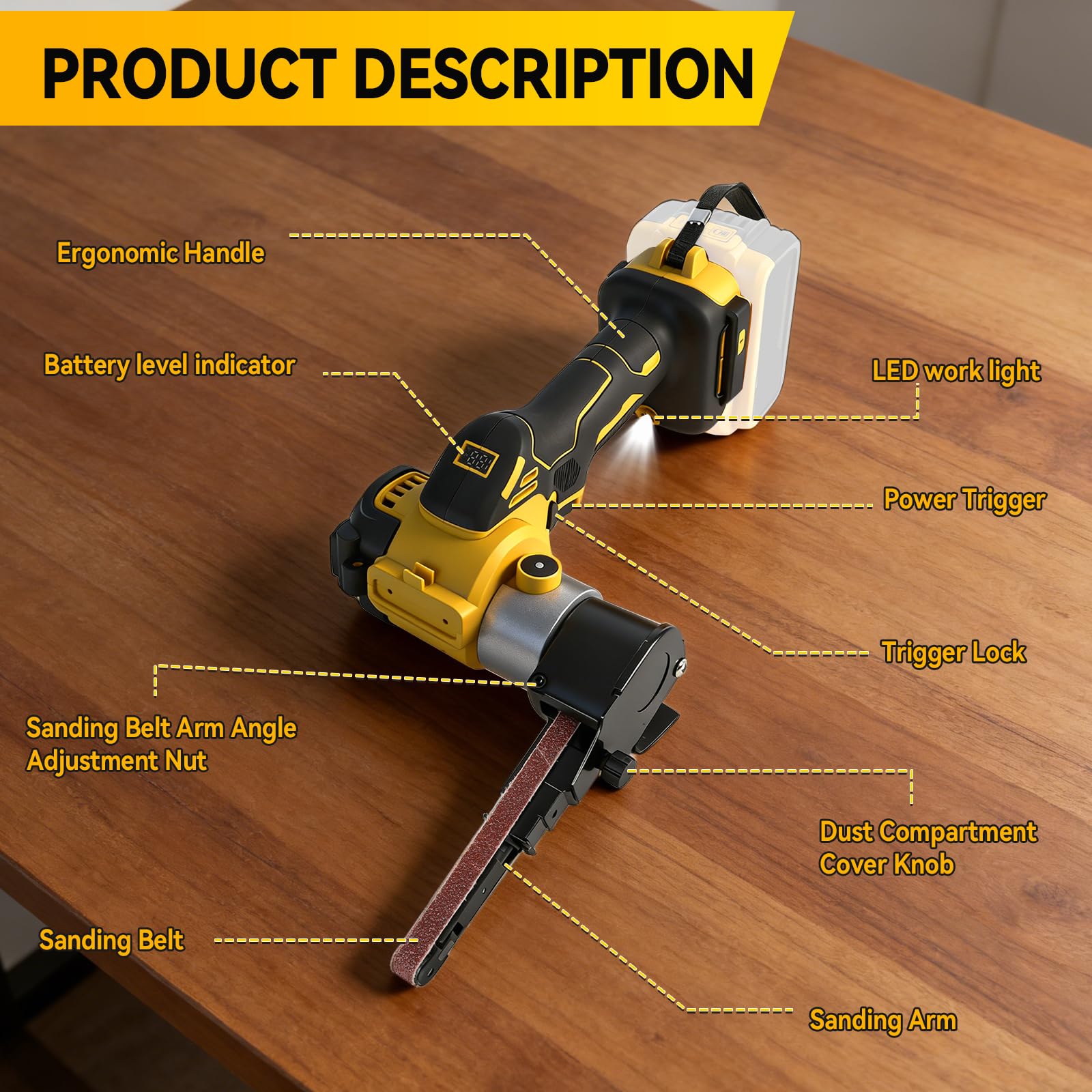 Akku Bandschleifer Kompatibel mit Dewalt 18/20V, 13.000 U/min Bürstenloser 360° Einstellbarer Akku Bandfeile mit Schleifarme 9 mm&13 mm, 20 Schleifbänder für Holz Metall Kunststoff