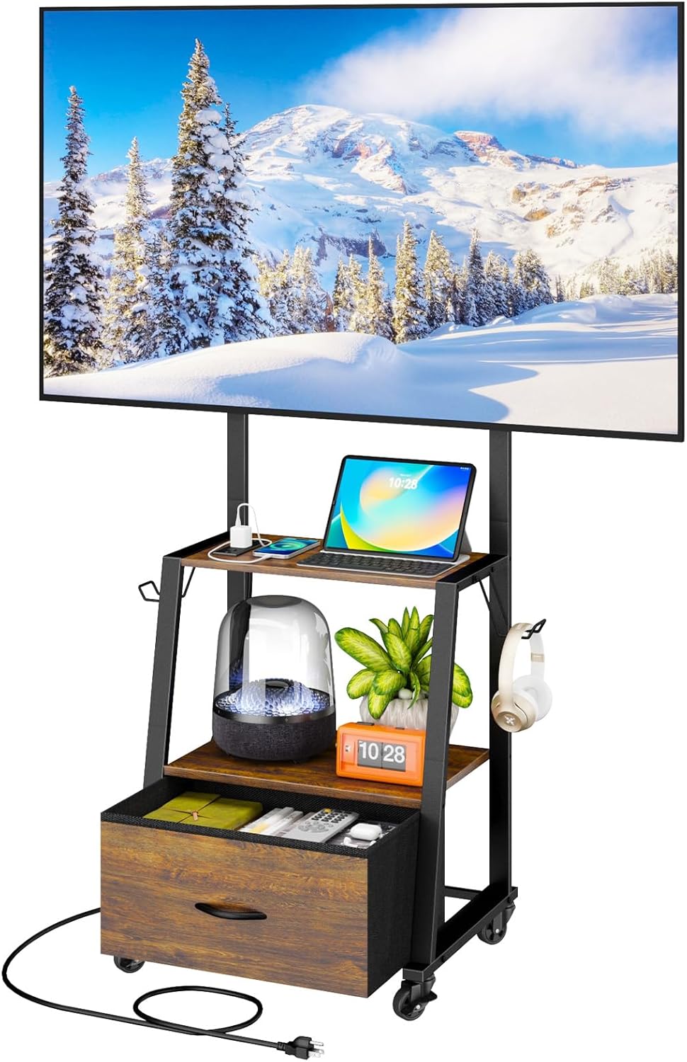 Rolling TV Stand on Wheels with Mount & Fabric Storage Drawer, Entertainment Center with Power Outlet, Portable TV Stand for 32-55 Inch Flat/Curved Screen TVs, Mobile TV Cart for Bedroom - V2