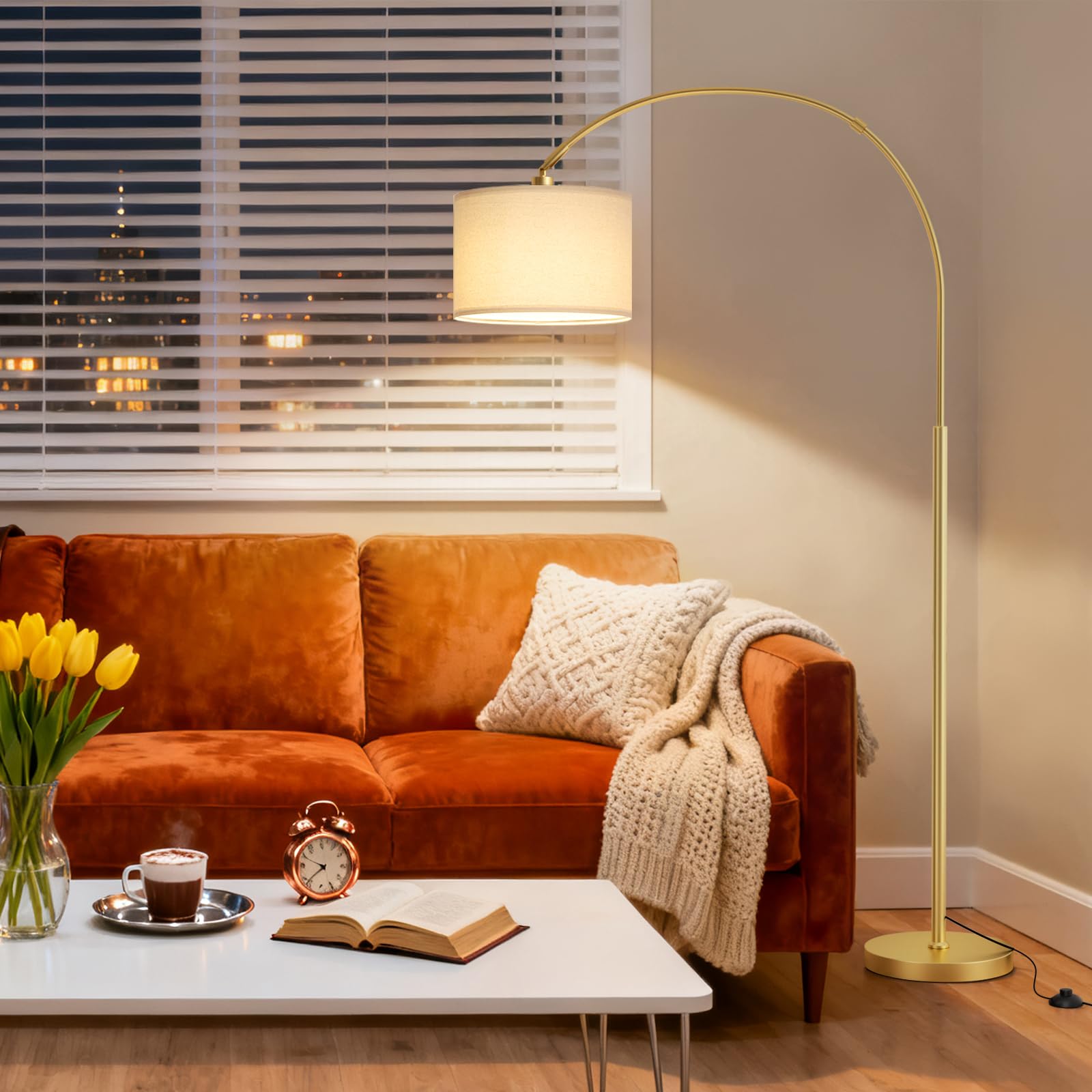 Lampadaire sur Pied Salon, LED E27 Lampe a Pied avec Télécommande, Lampadaire Arc Vintage, 3000K-6000K Intensité Variable pour Salon Chambre Bureau, Abat-jour Beige et Socle Doré, 180cm