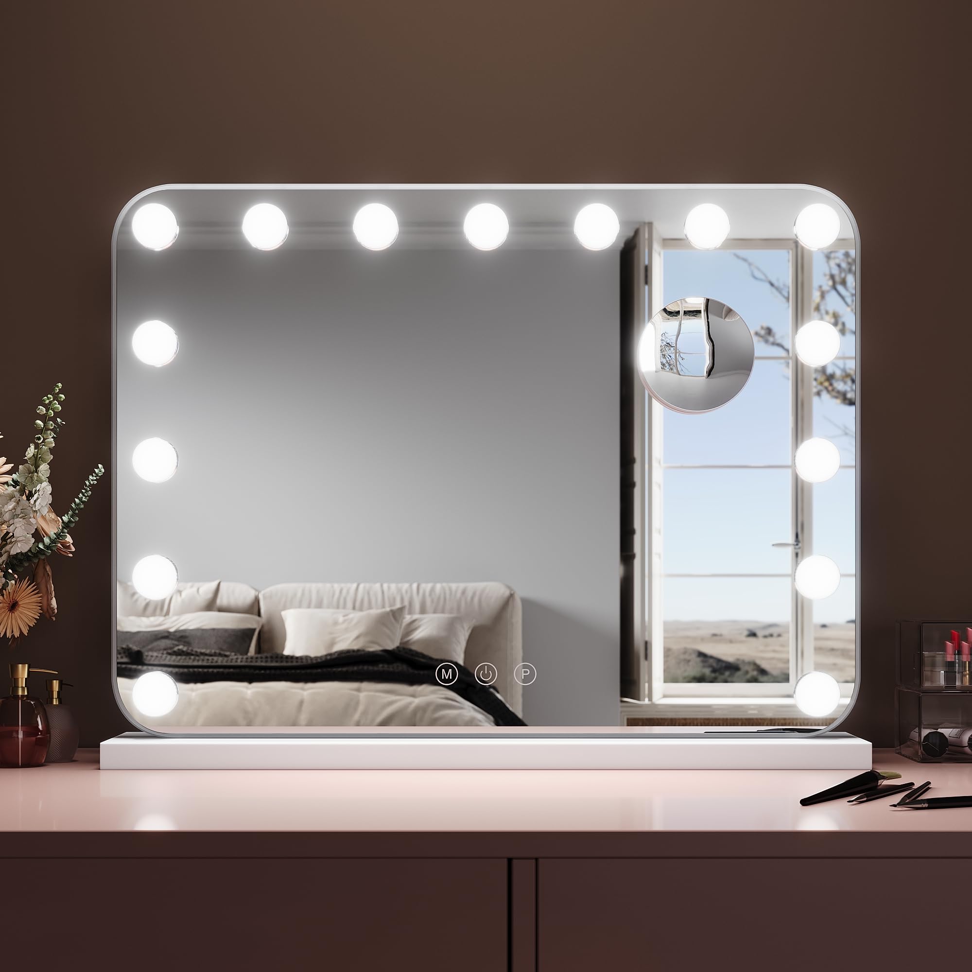 SIRHONA Miroir Hollywood Éclairage RVB 3 Températures Dimmable 15 LED 10X Grossissant 58x45cm