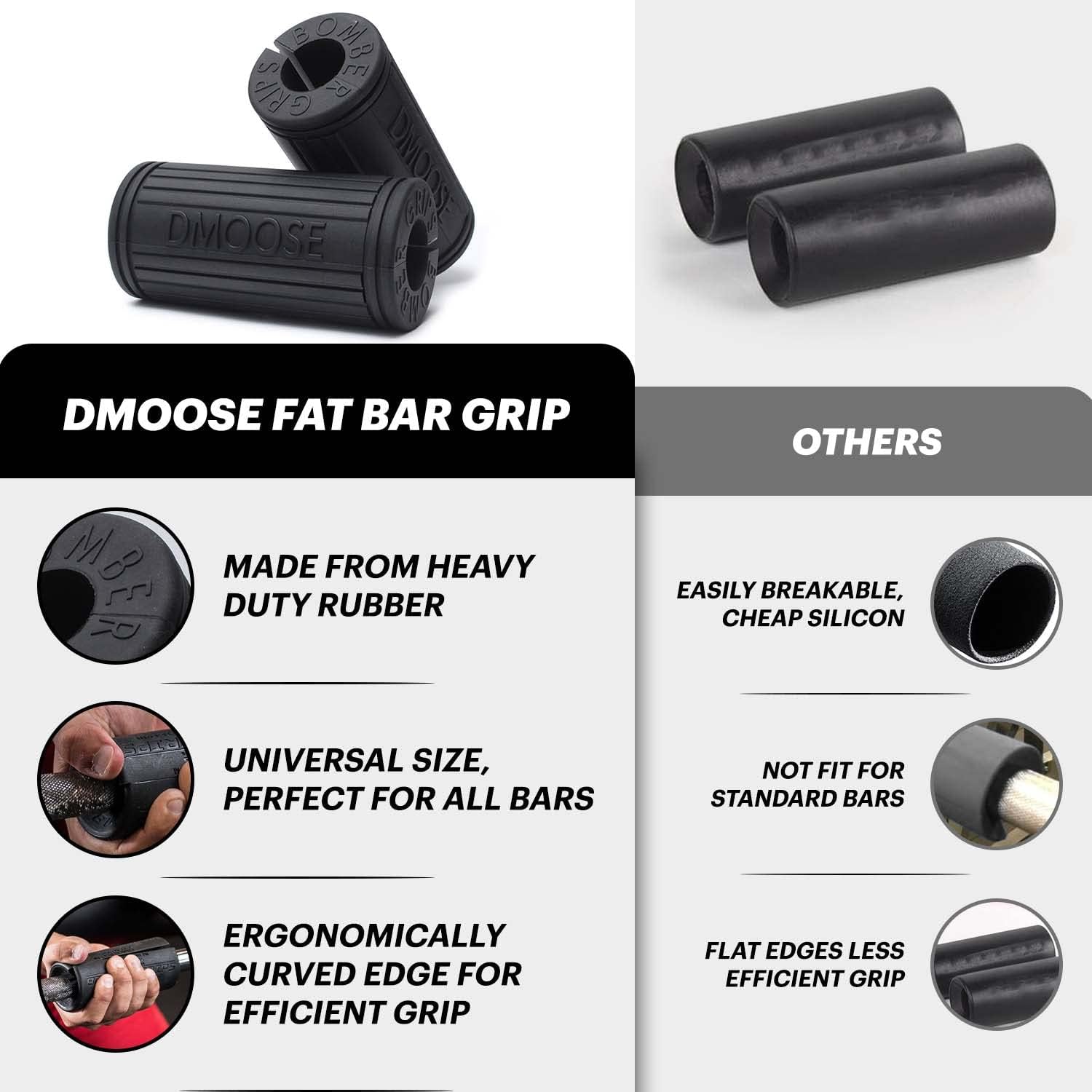 DMoose Thick Bar Dumbbell Grips, Non Slip High Density Silicone Rubber Barbell Grips &, Bar Grips for Weightlifting, Muscle Building, Cable Attachments - 2.25", 1.75" & 2.75" Outer Diameter