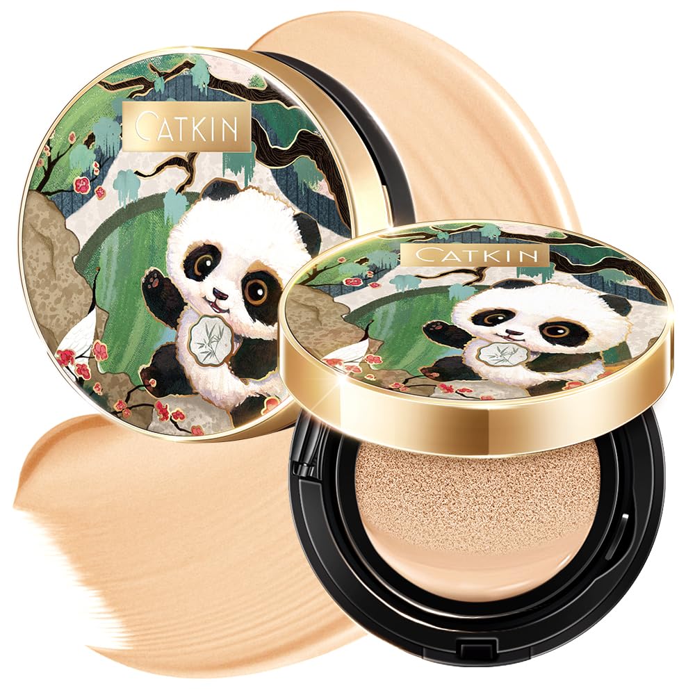 CATKIN Panda Land Cushion Foundation, Fond de Teint BB Creme, Anticernes, Anti-Terne et Anti-Rougeurs, Hydratation 24H, Sheer Finish, pour les Peaux Sensibles, avec Recharge, 15g*2