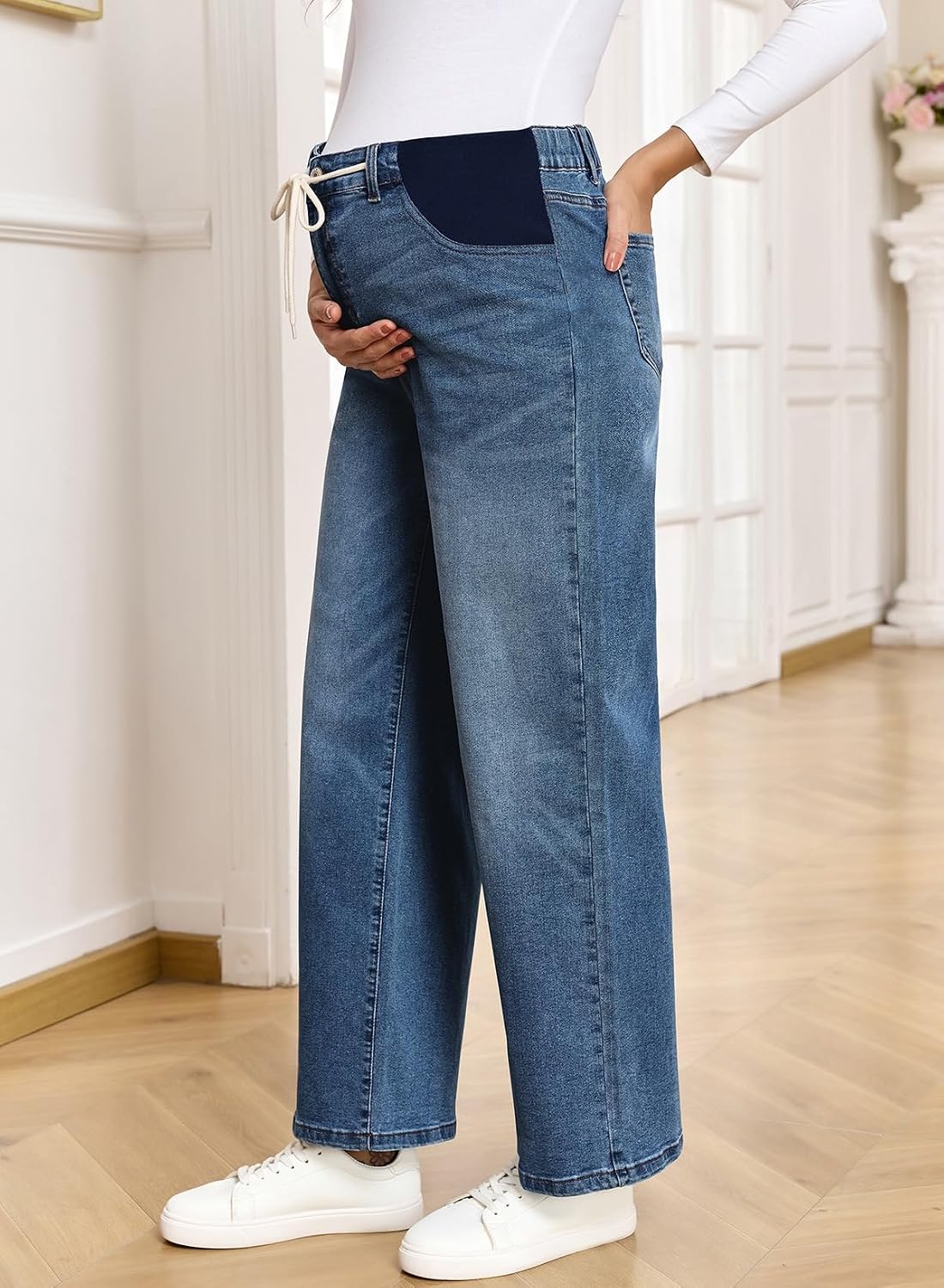 BLENCOT Women's Maternity Jeans High Waisted Drawstring Stretchy Straight Leg Pregnancy Denim Pants