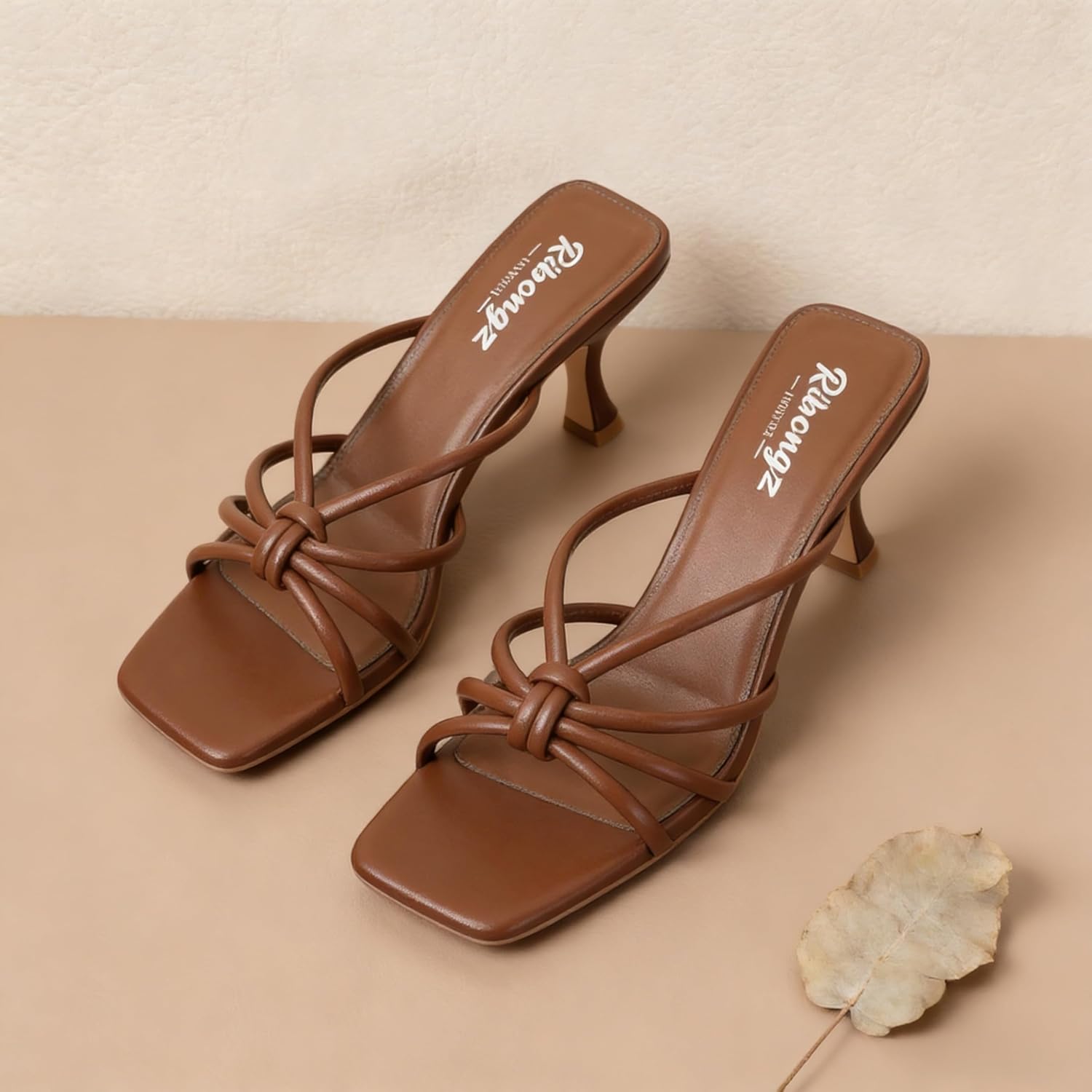 RIBONGZ Mule Kitten Heels for Women Dressy High Heeled Shoes Summer Square Open Toe Strappy Dress Sandals Backless Comfortable Mules Wedding Bridal Parties Office Vacation Casual Shoes - Image 6