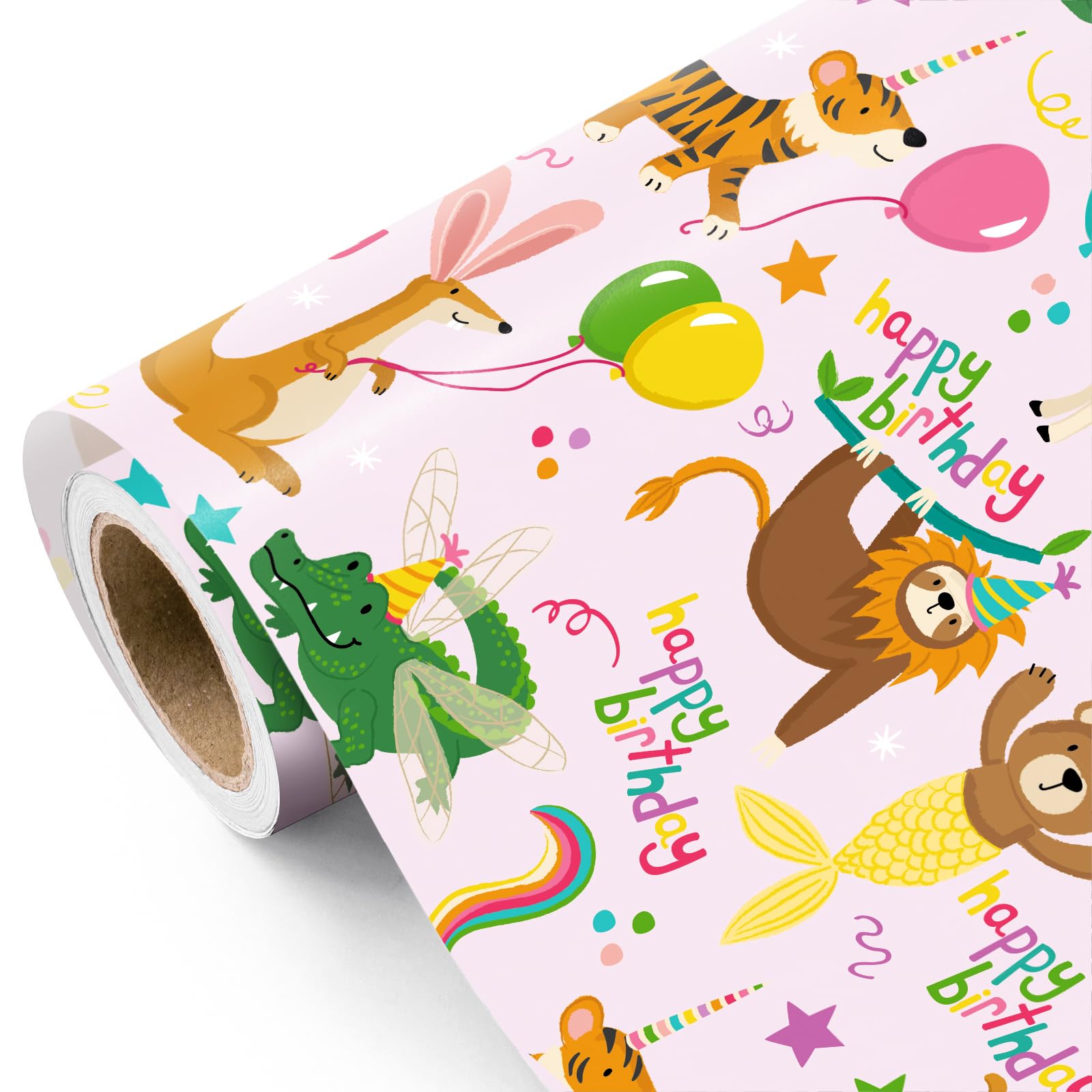 RUSPEPA Kids Birthday Wrapping Paper Roll - Mini Roll - 43.2cm x 5m - Cute Birthday Animal Party Theme Pink Wrapping Paper for Kids Girls, Baby Shower, School Celebration โ image 1