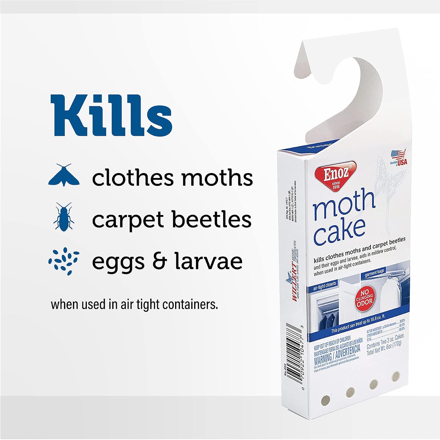 Enoz Moth Cake - (6 Pack) 6 oz - Moth Cake Easily Hangs in Closets and Garment Bags - Treats 6.25 Cubic Feet - Kills Clothes Moths, Carpet Beetles, Eggs & Larvae