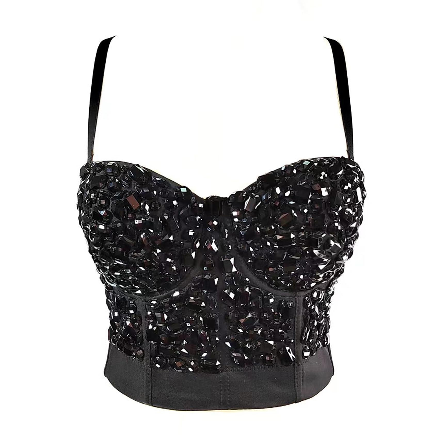 Woboren Women's Rhinestone Diamond Bustier Crop Top Gothic Punk Corset Clubwear Party Bra Black