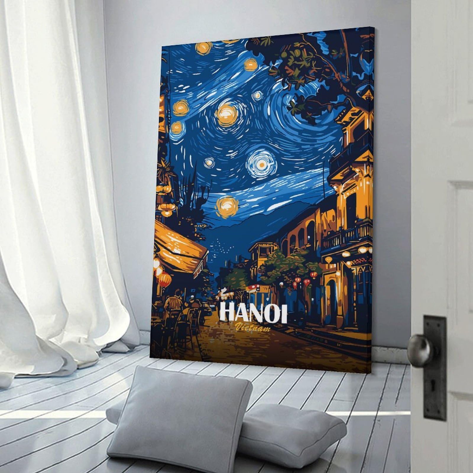 Junmoney Canvas Art Print Hanoi Vietnam Starry Night Art, 20x30inch(50x75cm), for Home Office, Desk Area Or Studio, Wall Art That Adds Style to Work Areas