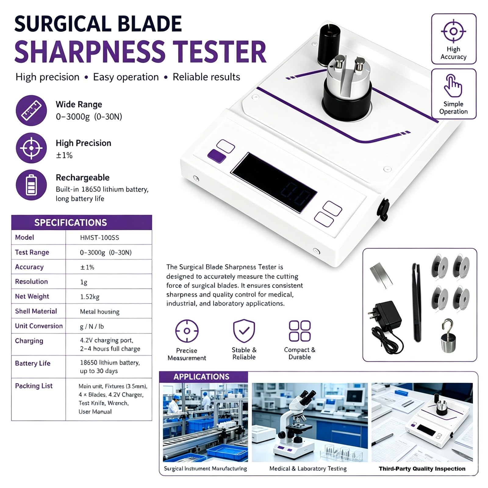 Tester di precisione della nitidezza della lama, strumento portatile for il rilevamento del bordo del bisturi con cavo da 3,5 m e morsetto medico