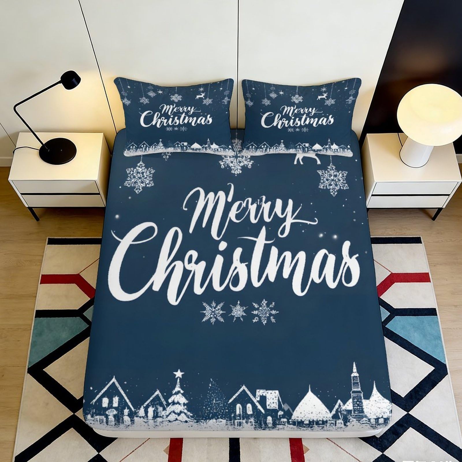 3D Printed Christmas Snowflake Fitted Sheet Microfiber Non-Slip Deep Pocket Holiday Mattress Fitted Cover Washable Elastic Hem Bedding for Adults Teens 200x200x25cm 90x200x25cm