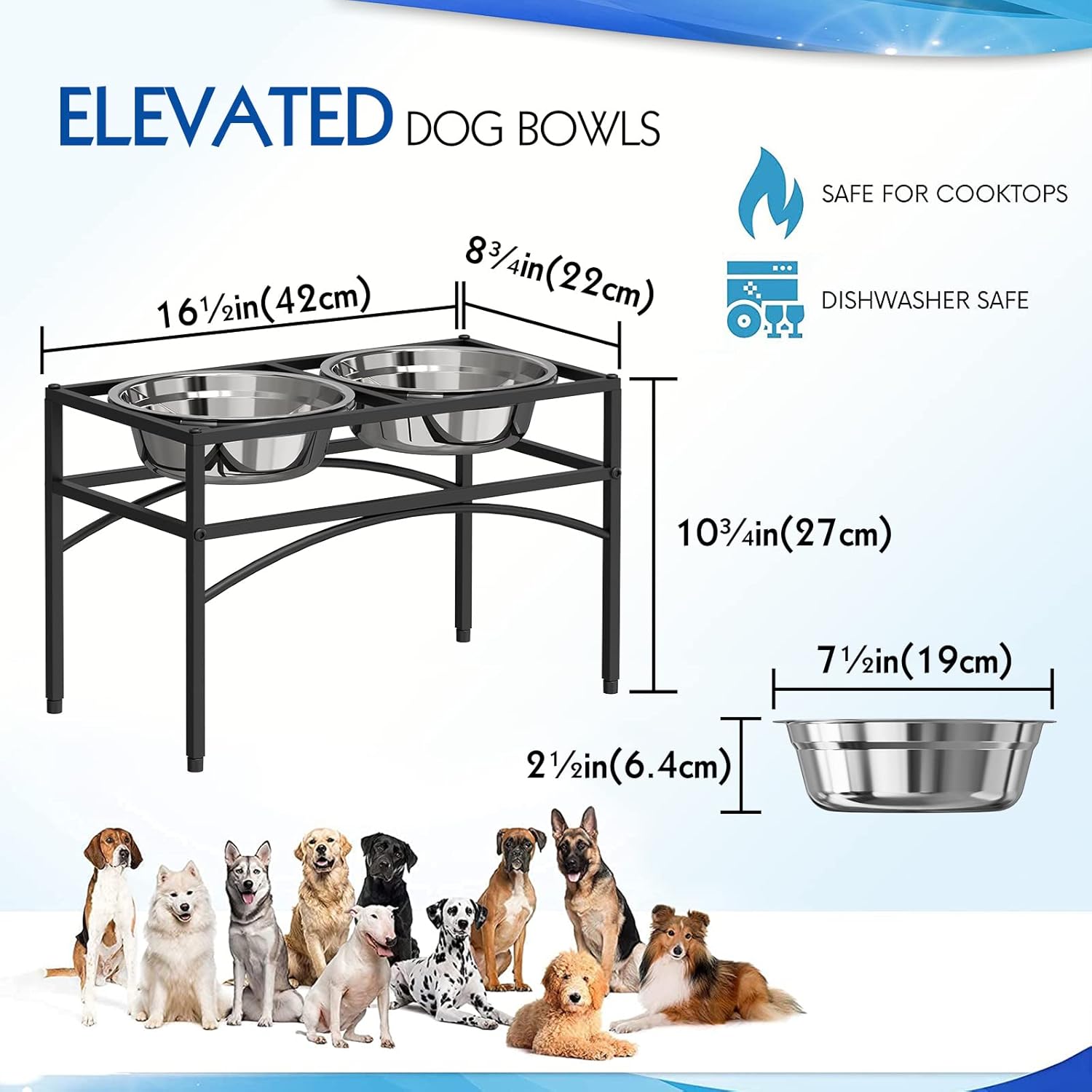 LUEXBOX Dog Bowls, Raised Pet Feeder with Stand, Stainless Steel, 10.5 inch Height, Medium or Large Breeds