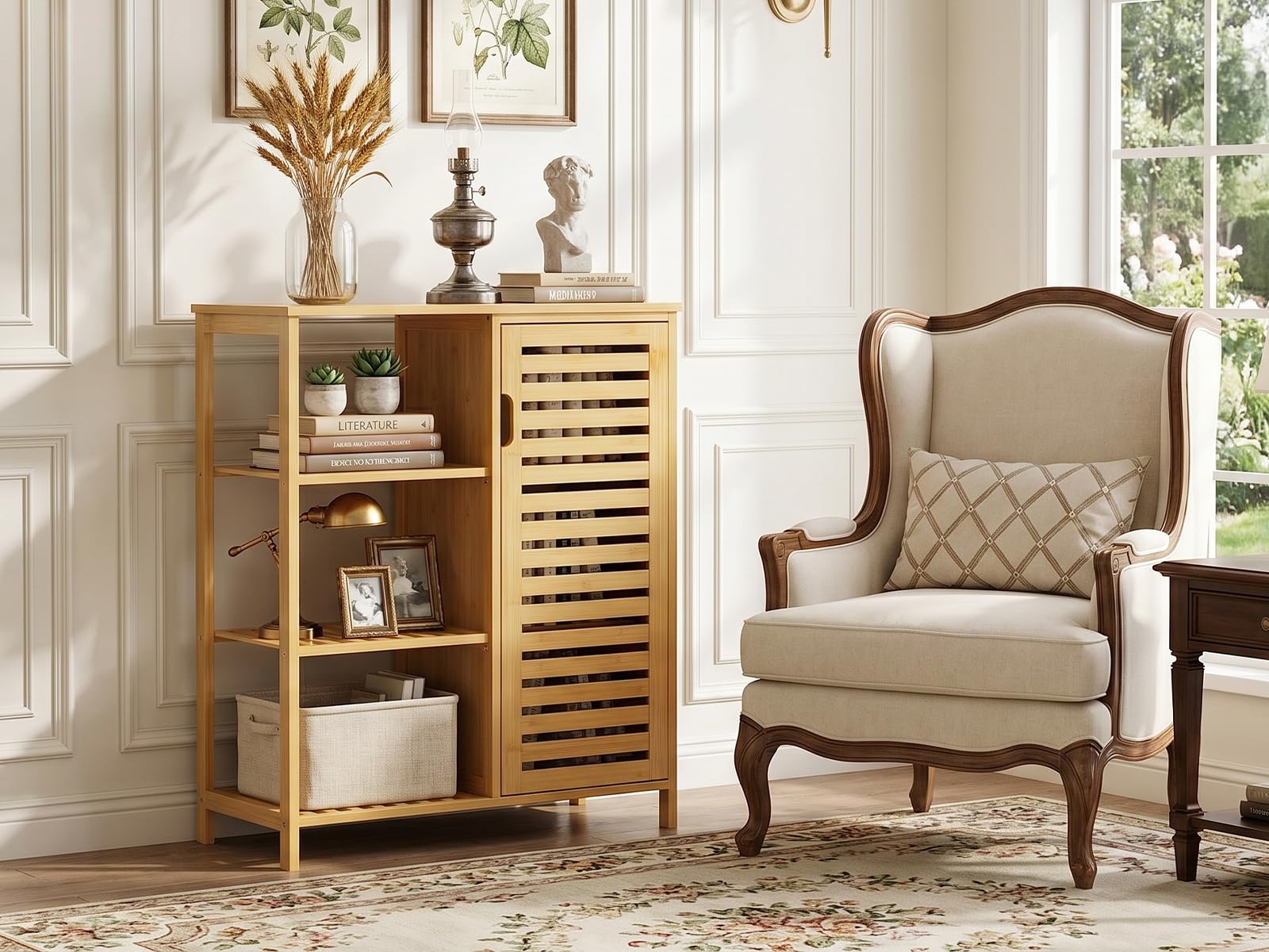 HITNET Mueble Baño Bambu, Armario Bajo Baño Auxiliar, Gabinete de Almacenamiento con Puerta y 3 Estantes Abiertos, para Sala de Estar, Cocina, Entrada, Natural