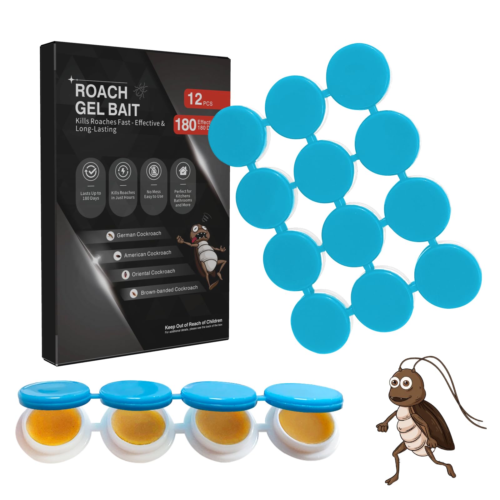 12 Pack Cockroach Gel Bait, Highly Effective Roach Gel Bait Indoor Infestation Solution, Fast Acting Cockroach Killer Indoor Home Kitchen Use, Easy to Apply & No Mess Roach Bait, Long-Lasting