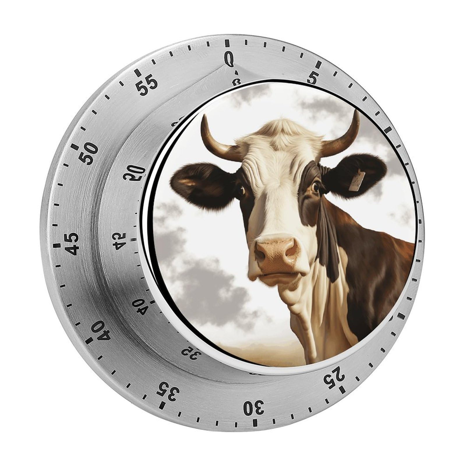 Mechanical Kitchen Timer with Magnetic Back, Stainless Steel Manual Farm Animal Cow Printed Timer for Cooking and Time Management
