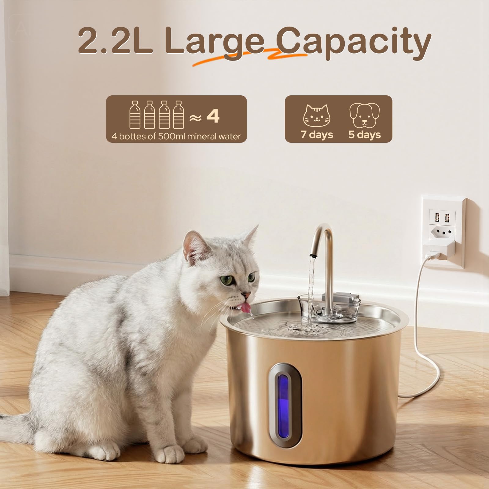 Zivacate Fontanna dla Kota 2,2 L w Stali Nierdzewnej – Cicha Automatyczna Fontanna z Filtracją Trzystopniową, Łatwa w Czyszczeniu, Zasilana USB, Zawiera 3 Filtry + 3 Gąbki