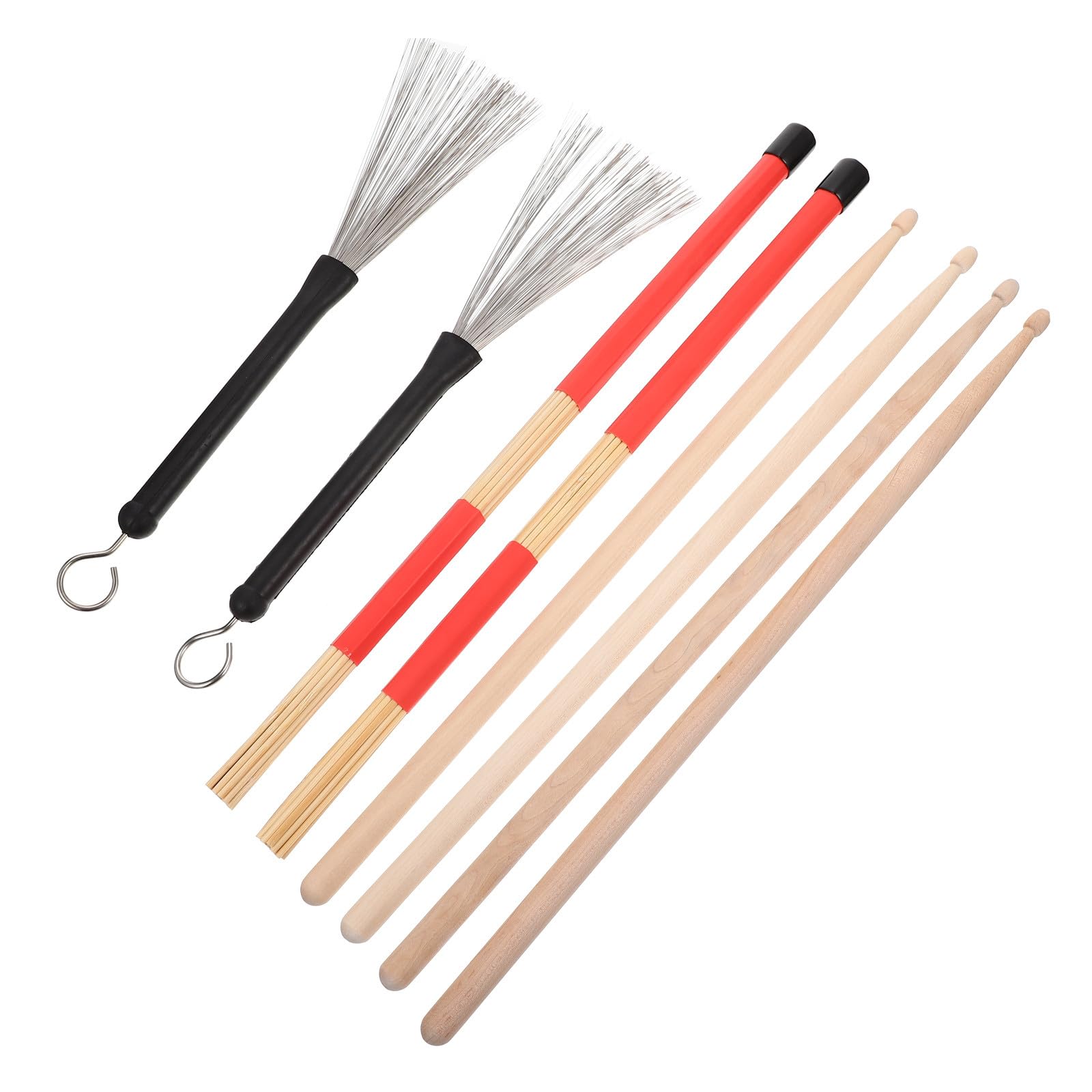 Zerodeko Juego de Baquetas de Batería 5a y Cepillos de Alambre de Acero con Bolsa de Felpa Roja, Kit de Accesorios para Percusión Adecuado para Práctica en Casa, Conciertos y Estudiantes
