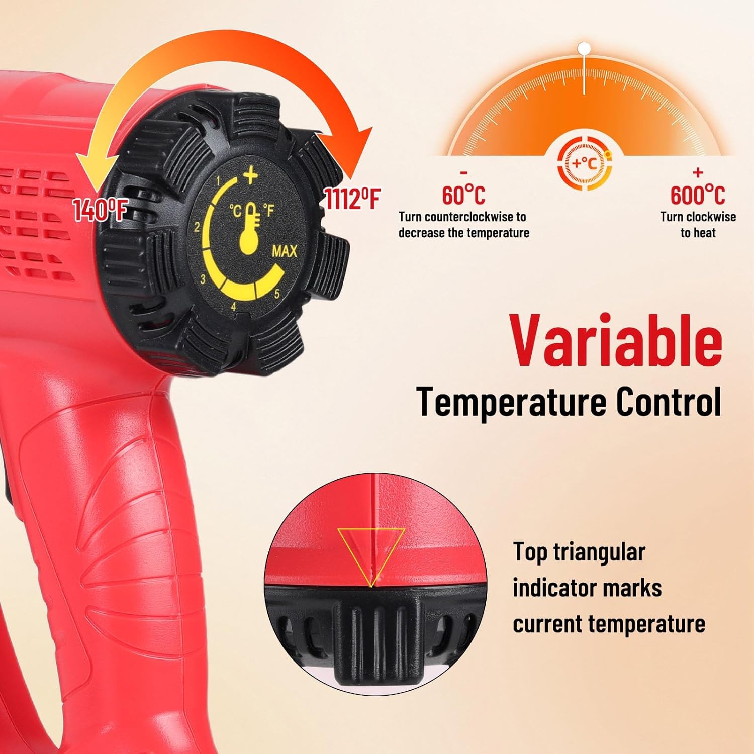 1800W Heat Gun 140℉~1112℉ (60℃-600℃) Fast Heating Heavy Duty Hot Air Gun Kit with Variable & Dual Temperature Settings, Overheat Protection, 5 Nozzles for Crafts (1800W Red Corded Heat Gun)