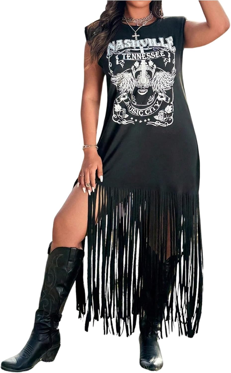 Boho cowgirl themed plus size tshirt dress with fringe hem